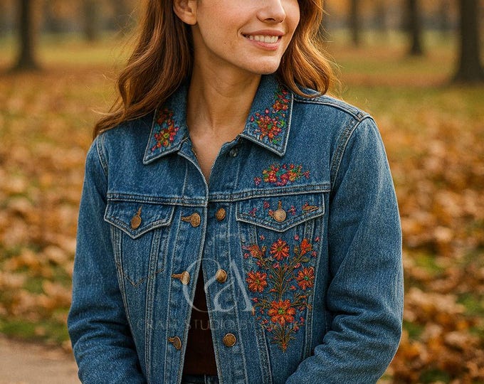 Handmade Embroidered Denim Jacket Custom Floral Jean Coat