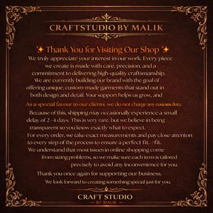 Pode incluir: Gr&aacute;fico castanho escuro com o texto "CRAFTSTUDIO BY MALIK" no topo e "Thank You for Visiting Our Shop" no centro. O texto descreve o compromisso da loja com a qualidade e as roupas personalizadas.