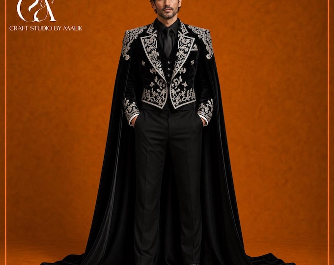 Men’s Black Hand-Embroidered Gothic Suit with Cape, Custom Made