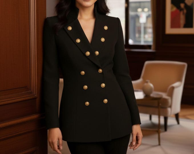Elegant Double-Breasted Designer Blazer, Women's Highly Fitted Jacket with Luxurious Gold Button Detailing
