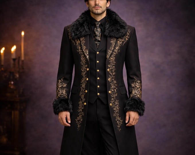 Men’s Black 3-in-1 Coat | Detachable Fur Collar & Cuffs | Made to Measure