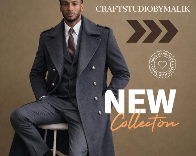 Men’s Wool Overcoat Suit Set, Custom Double Breasted Formal Outfit