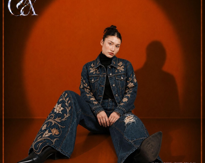 Embroidered Denim Jacket and Wide Leg Cargo Jeans Set, Floral Denim Co Ord Outfit