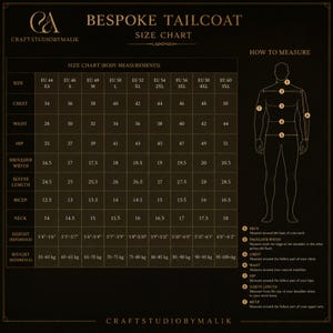 Peut inclure: Tableau des tailles pour un tailcoat sur mesure, avec mesures corporelles en cm et en pouces. Comprend les mesures de poitrine, taille, hanches, largeur d'&eacute;paules, longueur de manches, biceps et cou. R&eacute;f&eacute;rences de taille et de poids.