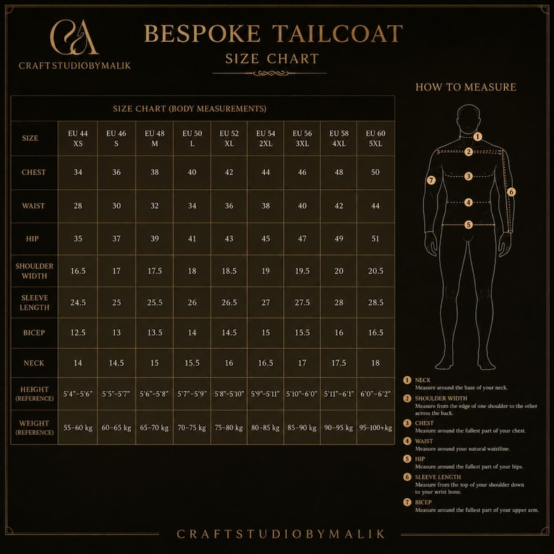 Peut inclure: Tableau des tailles pour un tailcoat sur mesure, avec mesures corporelles en cm et en pouces. Comprend les mesures de poitrine, taille, hanches, largeur d'&eacute;paules, longueur de manches, biceps et cou. R&eacute;f&eacute;rences de taille et de poids.
