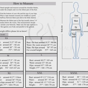 Pode incluir: Uma tabela de tamanhos com medidas de busto, cintura e quadris em polegadas e cent&iacute;metros. A tabela inclui tamanhos de XS a XXXL, com as medidas correspondentes e altura em p&eacute;s/polegadas e cent&iacute;metros. Um diagrama ilustra as medidas corporais.