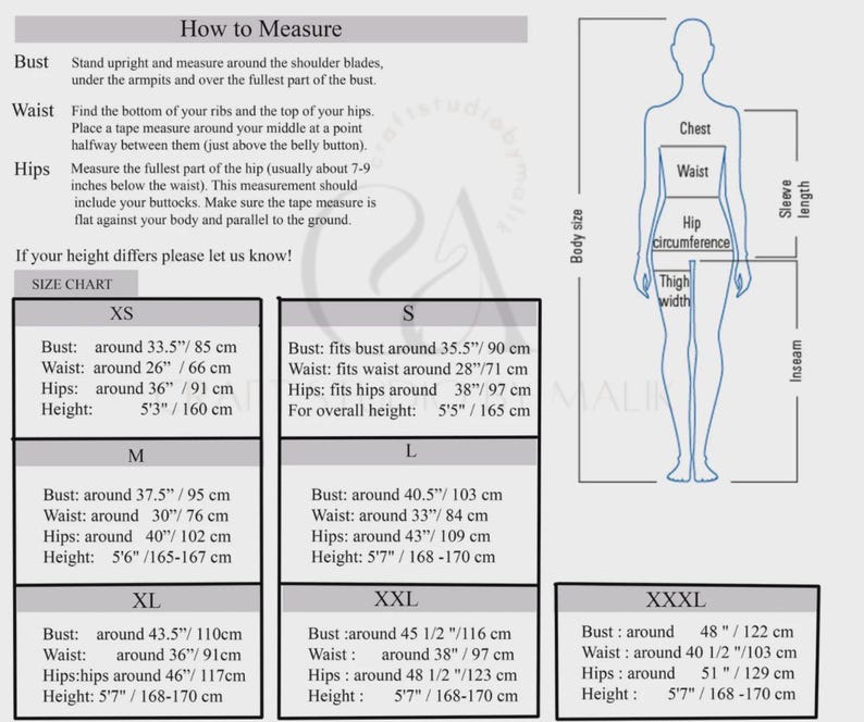 Pode incluir: Uma tabela de tamanhos com medidas de busto, cintura e quadris em polegadas e cent&iacute;metros. A tabela inclui tamanhos de XS a XXXL, com as medidas correspondentes e altura em p&eacute;s/polegadas e cent&iacute;metros. Um diagrama ilustra as medidas corporais.