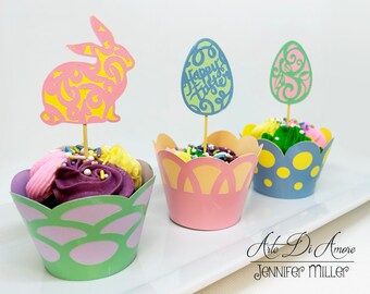 Easter Cupcake Wrappers/Toppers, Double Color, Order by the Dozen, Set 2 Filigree Designs