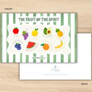 May include: A postcard featuring the text "The Fruit of the Spirit" with illustrations of various fruits, including an apple, grapes, and a watermelon. The background has green and white vertical stripes.
