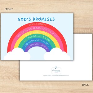 May include: A light blue postcard featuring the words "GOD'S PROMISES" above a rainbow. The rainbow displays phrases such as "GOD IS FAITHFUL" and "GOD GIVES US STRENGTH". The back of the card is visible, with the word "BACK" at the bottom.