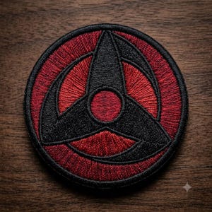 May include: A circular embroidered patch featuring a black three-pointed pinwheel design centered on a vibrant red background. The patch has a thick black stitched border, with the black and red threads creating a textured, high-contrast pattern.