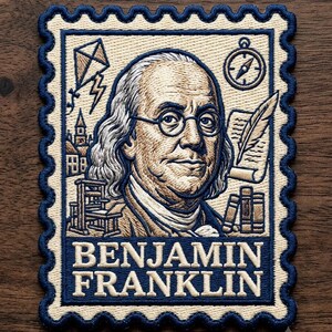 Benjamin Franklin Embroidered Stamp Patch, Vintage History Iron-On Bag Patch