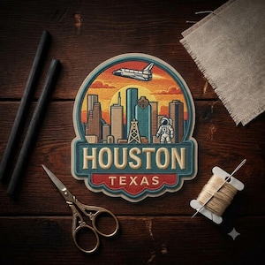 May include: A circular embroidered patch featuring the Houston, Texas skyline at sunset with a space shuttle and an astronaut. The patch includes the text HOUSTON and TEXAS in a bold font, set against a dark blue and red background border.