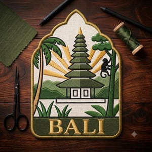May include: An embroidered patch featuring a multi-tiered green temple, a palm tree, a monkey, and golden sun rays on a cream background. The word BALI is stitched in gold at the bottom. The patch has a gold border and a pointed top edge.