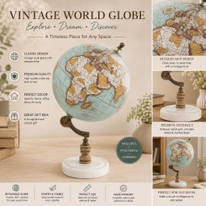 Vintage Rotating Globe | Antique World Map, Marble Base, Desk Decor