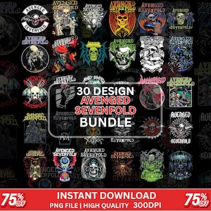 May include: A digital bundle of 30 designs, each featuring the text "Avenged Sevenfold." The designs include skulls and bats. The image also includes the text "Instant Download" and "75% Off."