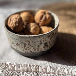 May include: A ceramic bowl with a speckled, off-white exterior and a dark gray base, filled with several brown walnuts. The bowl sits on a light gray surface with a fringed edge, with a shadow cast on a brown surface.