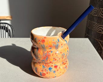 Porcelain Tumbler with Silicon Straw, 600mL Bubble Cup in Peachy