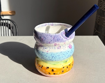 Porcelain Tumbler with Silicon Straw, 600mL Bubble Cup in Rainbow