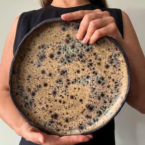Handmade Ceramic Cheese Platter – Rustic Golden Speckled Stoneware, Artisan Pottery