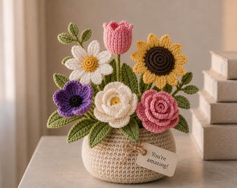 Cesta de flores de ganchillo hecha a mano, decoración de escritorio, arreglo floral amigurumi, ramo de margaritas y lavanda, flores de ganchillo R-26042611