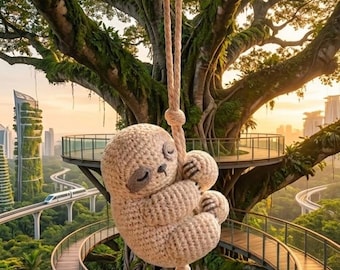 Crochet Sloth Car Hanging Accessory, Cute Swinging Sloth Rear View Mirror, Amigurumi Animal Car Charm, Slow Down Gift for Driver R-28042623