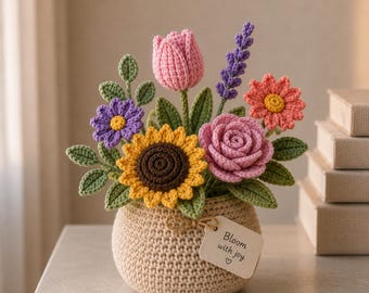 Cesta de flores de ganchillo hecha a mano, decoración de escritorio, arreglo floral amigurumi, ramo de margaritas y lavanda, flores de ganchillo R-26042611