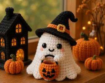 Multiple Crochet Halloween Ghost with Basket, Spooky Cute Amigurumi Figure, Handmade Autumn Desk Decor, Trick or Treat Toy Gift R-13052669