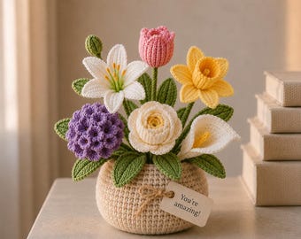 Cesta de flores de ganchillo hecha a mano, decoración de escritorio, arreglo floral amigurumi, ramo de margaritas y lavanda, flores de ganchillo R-26042611
