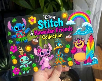Disney Stitch & Hawaiian Friends UV DTF Sticker Sheet, Lilo and Stitch Character Decals, Tropical Vacation Cartoon Transfer RRD-EWL02