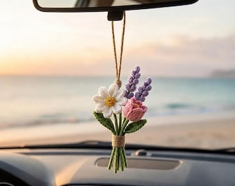 Crochet Flower Car Hanging Charm, Handmade Floral Rear View Mirror Accessory, Amigurumi Bouquet Car Decor, Cute Gift for New Car R-07052616