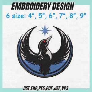 May include: An embroidery design featuring a black bird with red eyes and a star above its head, set within a blue and black crescent shape. The design is available in 6 sizes: 4", 5", 6", 7", 8", and 9". The text "EMBROIDERY DESIGN" is at the top.
