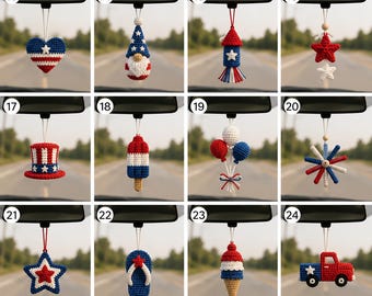 Crochet Patriotic Car Hanging, Red White Blue Stars Mirror Charm, USA 250th Anniversary Decor, Handmade New Car Gift R-13052626