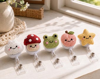 Handmade Crochet Badge Reel, Cute Mushroom Frog Star ID Holder, Personalized Retractable Clip, Nurse Teacher Office Gift R-13052605