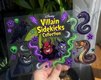 Disney Villain Sidekicks UV DTF Sticker Sheet, Maleficent Diablo Flotsam Jetsam Decals, Wicked Cartoon Character Transfer RRD-EWL01