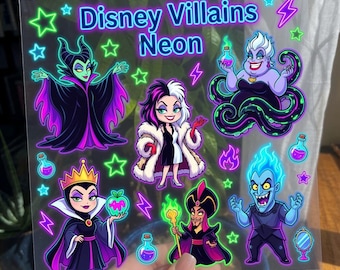 Disney Villains Neon UV DTF Sticker, Cute Glow Effect Clear Film Decal, Magical Movie Theme Sticker Sheet, Cup Decor Transfer Gift RRD-2WL04