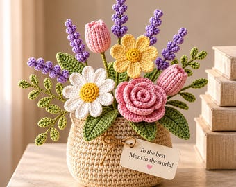 Multiple Handmade Crochet Flower Basket, Desktop Decor, Amigurumi Floral Arrangement, Daisy and Lavender Bouquet, Crochet Flowers R-26042611