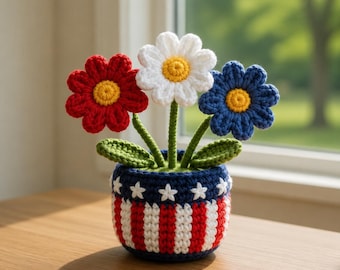 Multiple Patriotic Crochet Potted Flowers - Red Rose & Daisy 4th of July Decor, American Flag Pot, Independence Day Gift R-04052619