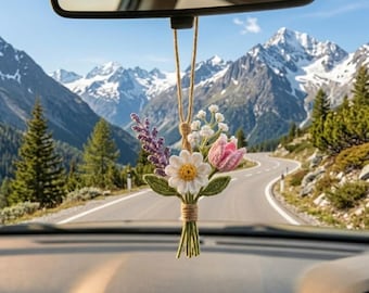 Colgante floral de ganchillo hecho a mano para coche - Ramo de tulipanes rosas y margaritas blancas - Para colgar en el espejo retrovisor - Decoración floral estética para coche R-26042601