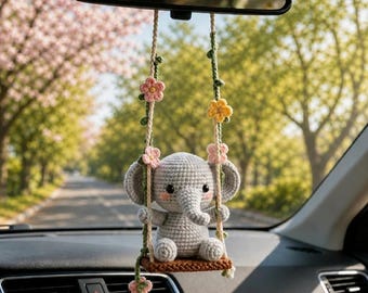 Crochet Elephant on Swing Car Hanging, Handmade Amigurumi Rear View Mirror Accessory, Floral Car Decor, Animal Car Ornament R-030526C1