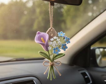 Handmade Crochet Floral Car Charm - Purple Calla Lily & Blue Forget-Me-Not Hanging - Rear View Mirror Accessory R-23042618