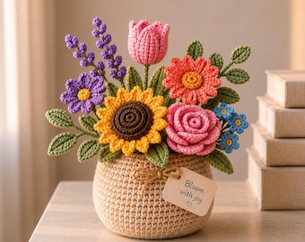 Cesta de flores de ganchillo hecha a mano, decoración de escritorio, arreglo floral amigurumi, ramo de margaritas y lavanda, flores de ganchillo R-26042611