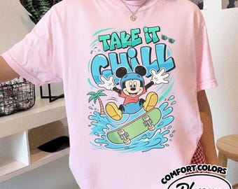 Camiseta Comfort Color Vintage Mickey Mouse On A Skateboard Action Shirt, Camiseta Retro Sporty Disney Take It Chill, Conjunto para viaje familiar a Disneyland RLTC11