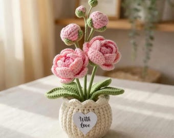 Handmade Crochet Pink Peonies in Pot, Personalized Mother's Day Gift, Artificial Potted Peony Flower Desk Decor R-01042624