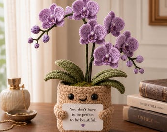 Handmade Crochet Flower Pot Decor with Positive Quote Card, Emotional Support Gift, Mini Desk Plant, Birthday Encouragement Gift R-07052607