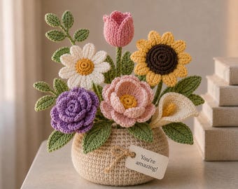 Cesta de flores de ganchillo hecha a mano, decoración de escritorio, arreglo floral amigurumi, ramo de margaritas y lavanda, flores de ganchillo R-26042611