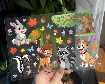 Forest Friends UV DTF Sticker Sheet, Cute Woodland Animal Decals, Vintage Fairy Tale Character Transfer RRD-EWL03