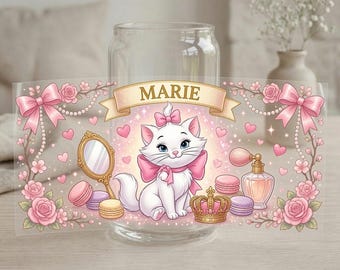 Marie Cat UV DTF Cup Wrap, Cute Kitten Tumbler Decal, Pink Bow Floral Transfer, Magical Sticker Art Supplies Decor RRD-VWL19