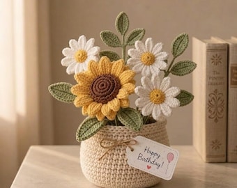 Multiple Handmade Crochet Flower Basket, Desktop Decor, Amigurumi Floral Arrangement, Daisy and Lavender Bouquet, Crochet Flowers R-26042611