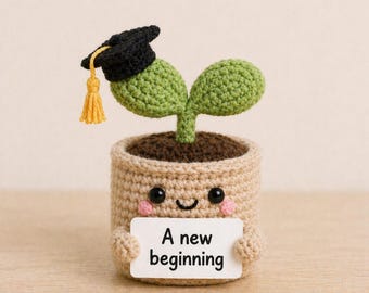 Brote de graduación de ganchillo hecho a mano - Amigurumi "Un nuevo comienzo" - Lindo regalo para la promoción de 2026 - Decoración vegetal para el último año de secundaria R-25042619